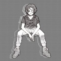 Rule 34 | absurdres, arms between legs, closed mouth, collared shirt, eyepatch, greyscale, highres, kana (world of horror), looking at viewer, monochrome, pants, ringo41, shirt, shoes, short hair, simple background, sitting, smile, solo, world of horror