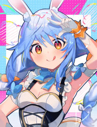 Rule 34 | 1girl, animal ear fluff, animal ears, arm up, blue hair, breasts, cleavage, commentary, dress, gloves, hamuo, highres, hololive, hololive idol uniform, looking at viewer, official alternate costume, rabbit ears, rabbit girl, short eyebrows, sleeveless, sleeveless dress, small breasts, smile, solo, star (symbol), star in eye, symbol in eye, tongue, tongue out, usada pekora, virtual youtuber, white dress, white gloves