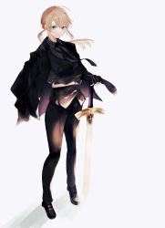 Rule 34 | 1girl, ahoge, artoria pendragon (all), artoria pendragon (fate), black footwear, black gloves, black jacket, black pants, black shirt, blonde hair, business suit, collared shirt, commentary request, excalibur (fate/stay night), expressionless, fate/zero, fate (series), formal, full body, gloves, green eyes, highres, holding, holding sword, holding weapon, jacket, jacket over shoulder, unworn jacket, long hair, long sleeves, necktie, nigiri, official alternate costume, pants, ponytail, saber (fate), shadow, shirt, solo, suit, sword, weapon