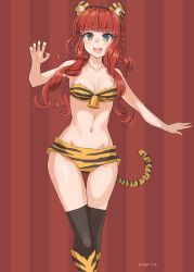 Rule 34 | 1girl, animal ears, animal print, bell, black thighhighs, blush, breasts, collarbone, de ruyter (kancolle), fake animal ears, fake tail, feet out of frame, green eyes, groin, highres, kantai collection, long hair, medium breasts, navel, open mouth, red hair, round teeth, smile, solo, striped, striped background, sugue tettou, tail, teeth, thighhighs, tiger ears, tiger print, tiger tail, twitter username, upper teeth only, vertical stripes