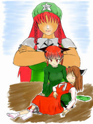 Rule 34 | animal ears, bad id, bad pixiv id, braid, brown hair, cat ears, cat girl, cat tail, chen, cr4781, dress, female focus, hong meiling, kaenbyou rin, long hair, multiple girls, multiple tails, red eyes, red hair, short hair, tail, touhou, twin braids, twintails