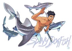 Rule 34 | 1boy, abs, animal, arm up, bara, biceps, black eyes, black hair, eyebrow cut, fins, fish, fish tail, gills, head fins, highres, holding, holding weapon, katana, looking ahead, male focus, merman, mondoart, monster boy, open mouth, original, pectorals, scar, short hair, smile, sword, tail, toned, toned male, weapon, white background