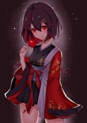 Rule 34 | 1girl, :d, absurdres, ahoge, black kimono, bob cut, candy apple, food, highres, holding, holding food, honkai (series), honkai impact 3rd, japanese clothes, kimono, long sleeves, looking at viewer, obi, open mouth, red background, red eyes, red hair, sash, seele (alter ego), seele vollerei, short hair, smile, solo, timmoo