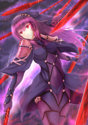 Rule 34 | 1girl, absurdres, armor, bodysuit, closed mouth, commentary request, covered navel, fate/grand order, fate (series), gae bolg (fate), glowing, gu li, highres, holding, holding weapon, long hair, pauldrons, polearm, purple bodysuit, purple hair, red eyes, scathach (fate), scathach (fate), shoulder armor, solo, spear, veil, weapon