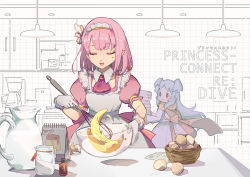 Rule 34 | 2girls, :3, :d, apron, ascot, blue dress, blue hair, blush, blush stickers, bowl, closed eyes, closed mouth, collar, commentary request, detached collar, dress, egg, facing viewer, gloves, holding, holding bowl, jug (bottle), long hair, maid, maid apron, miyako (princess connect!), multiple girls, open mouth, pink dress, pink hair, princess connect!, puffy short sleeves, puffy sleeves, red ascot, shadowsinking, short sleeves, smile, solid oval eyes, transparent, two side up, very long hair, whisk, white apron, white collar, white gloves, wing collar, yui (princess connect!)