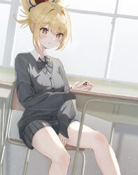 Rule 34 | 1girl, alternate costume, bare legs, between legs, black bow, black bowtie, black cardigan, black skirt, blonde hair, blush, bow, bowtie, breasts, buttons, cardigan, cellphone, chair, classroom, closed mouth, collared shirt, commentary request, contemporary, desk, feet out of frame, genshin impact, hand between legs, high ponytail, higuma29, holding, holding phone, indoors, long hair, long sleeves, looking at phone, medium breasts, miniskirt, navel, orange eyes, phone, plaid, plaid skirt, ponytail, school chair, school desk, school uniform, shirt, sidelocks, sitting, skirt, smartphone, solo, thighs, white shirt, window, yoimiya (genshin impact)