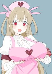 Rule 34 | 1girl, absurdres, alternate breast size, apron, armband, bad id, bad twitter id, bandages, blush, breast hold, breasts, brown hair, collared shirt, donguri suzume, fang, hair ornament, hat, heart, highres, large breasts, light brown hair, long hair, nail polish, natori sana, nurse cap, open mouth, pink apron, pink hat, puffy short sleeves, puffy sleeves, rabbit hair ornament, red eyes, red nails, sana channel, shirt, short sleeves, simple background, solo, sweatdrop, two side up, upper body, virtual youtuber