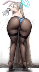 Rule 34 | 1girl, animal ears, ass, ass focus, asuna (blue archive), asuna (bunny) (blue archive), bare back, bent over, black pantyhose, blue archive, blue leotard, commentary, from behind, gloves, halo, heart, highres, leaning forward, leotard, long hair, official alternate costume, pantyhose, playboy bunny, poharo, rabbit ears, rabbit tail, reach-around, soles, solo, steam, tail, thigh gap, thighs, tiptoes, white gloves