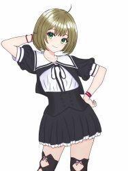 Rule 34 | 1girl, ahoge, arm behind head, assault lily, black ribbon, black skirt, blush, bow, brown hair, buttons, closed mouth, clothing cutout, commentary request, cowboy shot, cropped jacket, frilled skirt, frills, green eyes, hand on own head, hand on own hip, hand up, highres, leg cutout, looking at viewer, miniskirt, mole, mole under eye, neck ribbon, pickles (picpicpickles), pink ribbon, puffy short sleeves, puffy sleeves, purple bow, ribbon, school uniform, seike tomoyo, short hair, short sleeves, simple background, skirt, smile, solo, standing, thigh bow, underbust, white background, wrist ribbon, yurigaoka girls academy school uniform