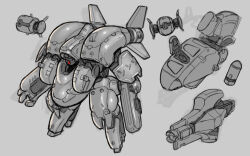 Rule 34 | arm cannon, fins, grey background, greyscale, highres, joints, mecha, monochrome, multiple views, one-eyed, original, phinyx, red eyes, robot, robot joints, sketch, spot color, submarine, torpedo, watercraft, weapon