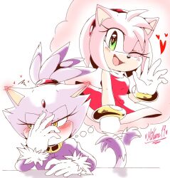 Rule 34 | 2girls, amy rose, animal ears, bad id, bad twitter id, blaze the cat, blush, cat ears, cat girl, cat tail, dress, forehead jewel, fur-trimmed gloves, fur trim, furry, furry female, gloves, green eyes, hairband, heart, highres, mikune19, multiple girls, pink fur, purple fur, red dress, red hairband, sonic (series), tail, tail wagging, thought bubble, white gloves, yellow eyes