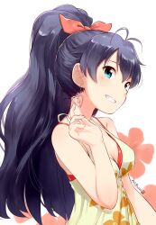 Rule 34 | 1girl, antenna hair, bare shoulders, bikini, bikini under clothes, black hair, blue eyes, blush, bow, breasts, cleavage, dated, dress, earrings, floral background, floral print, flower, from side, ganaha hibiki, grin, hair bow, hair ribbon, hand up, heart, heart earrings, highres, idolmaster, idolmaster (classic), idolmaster million live!, idolmaster million live! theater days, jewelry, long hair, looking at viewer, medium breasts, nagian, pink flower, ponytail, print dress, red bikini, red ribbon, ribbon, signature, sleeveless, sleeveless dress, smile, solo, swimsuit, upper body, white background, yellow dress