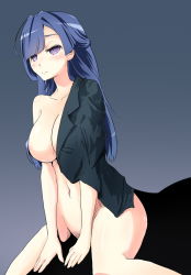 Rule 34 | 10s, 1girl, blue hair, blush, breasts, cathayan, cleavage, collarbone, empty eyes, hair over breasts, kakumeiki valvrave, large breasts, liquid, long hair, naked shirt, navel, open clothes, open shirt, purple eyes, rukino saki, shirt, simple background, sitting, solo, spoilers, wariza