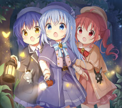 Rule 34 | 3girls, :o, absurdres, animal, anko (gochiusa), baseball cap, black jacket, black vest, blue bow, blue capelet, blue eyes, blue hair, blue headwear, blue skirt, bow, brown hair, brown headwear, brown jacket, brown skirt, bug, butterfly, capelet, chimame-tai, collared shirt, commentary request, crown, fang, flashlight, gochuumon wa usagi desu ka?, hair between eyes, hair ornament, hat, highres, holding, holding lantern, insect, jacket, jouga maya, kafuu chino, lantern, long hair, long sleeves, mini crown, multiple girls, natsu megumi, necktie, night, open clothes, open jacket, open mouth, outdoors, pleated skirt, purple necktie, rabbit, red bow, red eyes, revision, shirt, skirt, stick jitb, tree, twintails, very long hair, vest, white shirt, wild geese, x hair ornament, yellow eyes