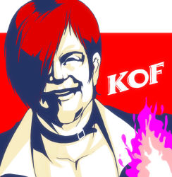 Rule 34 | 1boy, bad id, bad pixiv id, collar, colonel sanders, fire, hair over one eye, kfc, kouno (masao), male focus, parody, purple fire, pyrokinesis, red hair, snk, solo, the king of fighters, yagami iori