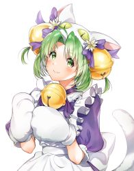 Rule 34 | 1girl, absurdres, animal ears, animal hands, animal hat, apron, back bow, bell, bow, cat ears, cat hat, cat paws, cat tail, choker, dejiko, di gi charat, dress, eyes visible through hair, fang, flower ornament, frilled apron, frills, green eyes, green hair, hair bell, hair ornament, hat, highres, jingle bell, looking at viewer, maid apron, neck bell, parted bangs, ppppp pink3, puffy short sleeves, puffy sleeves, purple dress, ribbon, ribbon choker, short hair, short sleeves, simple background, skin fang, smile, solo, tail, upper body, white apron, white background, white tail