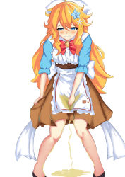 Rule 34 | 1girl, absurdres, ahoge, apron, back bow, black footwear, blonde hair, blue eyes, blue shirt, blush, bow, bowtie, brown dress, clenched teeth, dress, embarrassed, female focus, flower, full body, hair flower, hair ornament, half-closed eyes, have to pee, head scarf, highres, long hair, looking down, nijisanji, nose blush, otogibara era, peeing, peeing self, pigeon-toed, red bow, red bowtie, shirt, shoes, simple background, sleeveless, sleeveless dress, solo, standing, star (symbol), tears, teeth, virtual youtuber, wet, wet clothes, white background, white flower