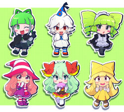 2boys 4girls :d :o ;d antenna_hair apron black_cloak black_dress black_gloves black_pantyhose black_shoes black_shorts blue_bow blue_bowtie blue_hat blunt_bangs blush blush_stickers boots bow bow_(paper_mario) bowtie brown_vest chibi chiimako clenched_hands cloak closed_mouth collared_dress commentary_request cross-shaped_pupils doopliss dress drill_hair eyeshadow fang folding_fan frilled_apron frilled_sleeves frills gloves green_background green_eyes green_eyeshadow green_hair grey_hair grey_shirt grey_socks hair_between_eyes hair_bow hand_fan hand_up hands_up hat holding holding_fan humanization juliet_sleeves layered_skirt long_hair long_sleeves looking_at_viewer maid maid_apron maid_headdress makeup mario_(series) mimi_(paper_mario) multicolored_hair multiple_boys multiple_girls nintendo olivia_(paper_mario) one_eye_closed open_mouth outline pantyhose paper_mario paper_mario:_the_origami_king paper_mario:_the_thousand_year_door paper_mario_64 party_hat pink_hair pink_hat pink_pantyhose pink_scarf pleated_skirt polka_dot polka_dot_background print_hat puffy_short_sleeves puffy_sleeves purple_boots purple_dress purple_eyes red_bow red_eyes red_shoes red_skirt scarf scissors_(paper_mario) shirt shoes short_hair short_sleeves shorts sidelocks simple_background skirt sleeves_past_fingers sleeves_past_wrists smile socks star_(symbol) star_print streaked_hair striped_clothes striped_hat striped_pantyhose striped_scarf super_paper_mario symbol-shaped_pupils thighhighs twin_drills v very_long_hair vest vivian_(paper_mario) white_apron white_cloak white_gloves white_hair white_hat white_outline white_pantyhose white_scarf white_shirt white_thighhighs witch_hat yellow_dress yellow_hat yellow_shoes