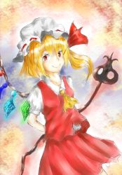 Rule 34 | 1girl, ascot, blonde hair, crystal, dress, female focus, flandre scarlet, hat, hat ribbon, jewelry, looking at viewer, mob cap, necklace, puffy short sleeves, puffy sleeves, red dress, red eyes, ribbon, semosu, short sleeves, side ponytail, solo, stick, touhou, vampire