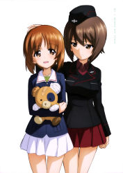 Rule 34 | 10s, 2girls, :d, absurdres, boko (girls und panzer), brown eyes, brown hair, copyright name, eyebrows, garrison cap, girls und panzer, hat, highres, looking at another, military, military uniform, multiple girls, nishizumi maho, nishizumi miho, official art, open mouth, red skirt, siblings, simple background, sisters, skirt, smile, stuffed animal, stuffed toy, teddy bear, uniform, white background, white skirt