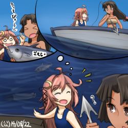 Rule 34 | &gt;o&lt;, 10s, 2girls, :d, :o, ahoge, boat, brown eyes, brown hair, crescent, crescent hair ornament, dated, closed eyes, fish, hair ornament, hair ribbon, hamu koutarou, harpoon, kantai collection, long hair, low-tied long hair, multiple girls, o o, open mouth, pink hair, ribbon, sarashi, school swimsuit, shouhou (kancolle), smile, swimsuit, tan, text focus, thought bubble, torpedo, translation request, uzuki (kancolle), water, watercraft