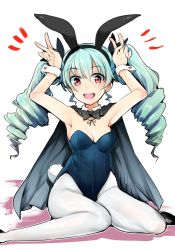 Rule 34 | 10s, 1girl, anchovy (girls und panzer), animal ears, arms up, bad id, bad twitter id, bow, bowtie, cape, detached collar, double v, drill hair, fake animal ears, girls und panzer, green hair, highres, leotard, long hair, looking at viewer, nakasone haiji, open mouth, pantyhose, playboy bunny, rabbit ears, rabbit tail, red eyes, sitting, solo, tail, teeth, twin drills, twintails, v, wariza, wrist cuffs