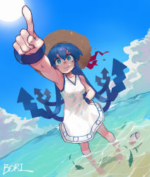 Rule 34 | 1girl, absurdres, bad id, bad pixiv id, blue eyes, blue hair, boridongja, breasts, cloud, day, dress, hand on own hip, hat, highres, ikamusume, index finger raised, long hair, medium breasts, outdoors, partially submerged, pointing, sandals, unworn sandals, shinryaku! ikamusume, signature, sky, sleeveless, sleeveless dress, smile, solo, standing, straw hat, sun, sweat, tentacle hair, tentacles, wading, water, white dress