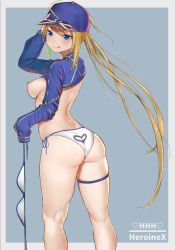Rule 34 | 1girl, ahoge, artoria pendragon (fate), ass, ass cutout, back, baseball cap, bikini, blonde hair, blue eyes, blue hat, blue jacket, butt crack, clothing cutout, commentary request, fate/grand order, fate (series), feet out of frame, from behind, gatchan, grey background, hair through headwear, hat, heart cutout, highres, jacket, licking lips, looking at viewer, looking back, mysterious heroine x (fate), mysterious heroine xx (fate), nipples, ponytail, shrug (clothing), side-tie bikini bottom, sleeves past fingers, sleeves past wrists, smile, solo, standing, swimsuit, thigh strap, thighs, tongue, tongue out, two-tone background, unworn bikini top, white bikini