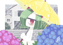 Rule 34 | bags under eyes, blush, brick wall, colored skin, creatures (company), flower, from side, game freak, gen 3 pokemon, green hair, highres, horns, house, ino (tellu0120), kirlia, looking at viewer, nintendo, pink eyes, pokemon, pokemon (creature), rain, sidelocks, smile, umbrella, utility pole, white skin, yellow umbrella
