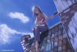Rule 34 | 1girl, barefoot, black hair, blush, chimney, dead-robot, denim, electric guitar, closed eyes, guitar, instrument, jeans, long hair, original, pants, playing instrument, rooftop, sky, solo, tank top