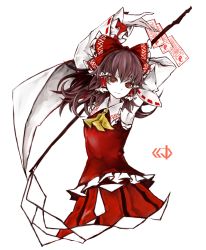 Rule 34 | 1girl, absurdres, armpits, arms up, ascot, black hair, bow, brown eyes, closed mouth, cowboy shot, detached sleeves, gohei, hair bow, hair tubes, hakurei reimu, highres, japanese clothes, long hair, long sleeves, looking at viewer, miko, ofuda, pale skin, red shirt, red skirt, ribbon-trimmed sleeves, ribbon trim, sarashi, shirt, sidelocks, skirt, skirt set, sleeveless, sleeveless shirt, solo, touhou, white background, wide sleeves, yutapon