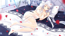 Rule 34 | 1girl, ass, azur lane, bare arms, bare shoulders, bed, bed sheet, blue eyes, blunt bangs, blush, breasts, cleavage, closed mouth, collarbone, dress, foreshortening, full body, highres, illustrious (azur lane), large breasts, legs, long hair, looking at viewer, low-tied long hair, low twintails, maya g, motion blur, navel, no shoes, on bed, one eye closed, pantyhose, petals, pillow, see-through, see-through legwear, silver hair, solo, strapless, strapless dress, tareme, thighs, twintails, waking, wavy mouth, white dress, window