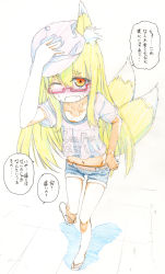Rule 34 | 1girl, ;o, absurdres, animal ears, bare legs, barikios, belt, bespectacled, blonde hair, blush, casual, clothes writing, collarbone, colored pencil (medium), commentary, denim, denim shorts, english text, fang, flat cap, flip-flops, fox ears, fox tail, full body, glasses, hair between eyes, hand on own head, hat, highres, long hair, looking at viewer, midriff, multiple tails, navel, one eye closed, orange eyes, original, red-framed eyewear, sandals, semi-rimless eyewear, shadow, short shorts, short sleeves, shorts, sketch, solo, standing, standing on one leg, sweat, tail, tareme, thick eyebrows, traditional media, translation request, two tails, typo, under-rim eyewear, wince
