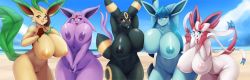 Rule 34 | 5girls, arms behind head, beach, blue eyes, blue hair, blush, bow, breast expansion, breasts squeezed together, breasts, cleft of venus, creatures (company), curvy, espeon, eyelashes, furry, game freak, gen 2 pokemon, gen 4 pokemon, gen 6 pokemon, gigantic breasts, glaceon, highres, huge breasts, leafeon, leaning forward, long ears, mleonheart, multiple girls, nail polish, navel, nintendo, nipples, nude, ocean, open mouth, plump, pokemon, pokemon (creature), purple eyes, pussy, red eyes, ribbon, sky, smile, standing, sylveon, tail, thick thighs, thighs, toned, tongue, tongue out, umbreon, uncensored, wide hips