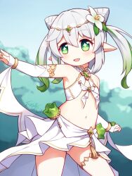 Rule 34 | 1girl, :d, blurry, blurry background, blush, bridal gauntlets, commentary request, cross-shaped pupils, day, depth of field, flat chest, genshin impact, gradient hair, green eyes, green hair, grey hair, hair between eyes, highres, kokkoro (ceremonial) (princess connect!), kokkoro (princess connect!), langbazi, looking at viewer, multicolored hair, nahida (genshin impact), navel, open mouth, outdoors, pointy ears, revealing clothes, signature, skirt, smile, solo, symbol-shaped pupils, twintails, white skirt