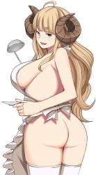 Rule 34 | 1girl, ahoge, anila (granblue fantasy), apron, ass, blonde hair, blunt bangs, breasts, draph, eyebrows, granblue fantasy, highres, horns, large breasts, long hair, looking at viewer, michihasu, naked apron, open mouth, sheep horns, short eyebrows, sideboob, smile, solo, soup ladle, thick eyebrows, thighhighs, wavy hair, white thighhighs, yellow eyes