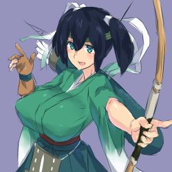 Rule 34 | 10s, 1girl, aqua eyes, arrow (projectile), black hair, blush, bow (weapon), breasts, brown gloves, covered erect nipples, gloves, green skirt, hair ribbon, hakama, hakama short skirt, hakama skirt, headband, holding, holding weapon, huge breasts, japanese clothes, kantai collection, kimono, long sleeves, looking at viewer, mizuumi (bb), open mouth, partially fingerless gloves, pleated skirt, quiver, ribbon, simple background, single glove, skirt, smile, solo, souryuu (kancolle), souryuu kai ni (kancolle), twintails, twitter username, weapon, white ribbon, wide sleeves