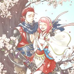 Rule 34 | 1boy, 1girl, bad id, bad pixiv id, capelet, cherry blossoms, fire emblem, fire emblem fates, flower, gloves, hairband, highres, mask, unworn mask, nintendo, one eye closed, open mouth, petals, pink hair, red eyes, red hair, saizo (fire emblem), sakura (fire emblem), scar, scarf, shirokuro (0501nk), sky, teeth, thighhighs