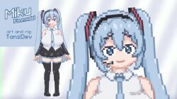 Rule 34 | 1girl, alternate breast size, animated, artist name, bare shoulders, black skirt, black thighhighs, blue eyes, blue hair, breasts, cleavage, closed mouth, detached sleeves, full body, hatsune miku, huge breasts, live2d, long hair, matching hair/eyes, miniskirt, open mouth, panties, pixel art, pleated skirt, skirt, solo, standing, striped clothes, striped panties, tagme, tanzdev, thighhighs, twintails, two-tone background, underwear, upper body, video, vocaloid