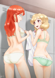Rule 34 | 2girls, :d, ass, back, blonde hair, bow, bra, breasts, butt crack, dress shirt, green bra, green eyes, green panties, hair bow, hair over shoulder, highres, locker, locker room, long hair, looking at another, low twintails, medium breasts, momokawa sasa, multiple girls, natsume itsumi, open mouth, panties, pink bow, pink eyes, red hair, school girl strikers, shirt, smile, standing, sunsun69, thighs, twintails, underwear, underwear only, white bra, white panties