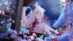Rule 34 | 1girl, absurdres, animal, animal ear fluff, animal ears, bare shoulders, blonde hair, blue eyes, blush, bowl, branch, breasts, bug, butterfly, cherry blossoms, china dress, chinese clothes, cloud, commentary request, crossed legs, dragon, dress, flower, full moon, hair flower, hair ornament, highres, insect, long hair, moon, night, night sky, original, outdoors, peas (peas0125), red dress, red flower, red footwear, shoes, sitting, sky, sleeveless, sleeveless dress, small breasts, socks, solo, star (sky), starry sky, tail, very long hair, white flower, white socks