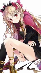 Rule 34 | 1girl, asymmetrical legwear, black dress, black nails, black thighhighs, blonde hair, blush, bow, breasts, cape, closed mouth, dress, dutch angle, ereshkigal (fate), fate/grand order, fate (series), fingernails, hair between eyes, hair bow, highres, long hair, long sleeves, looking at viewer, nail polish, pink nails, red bow, red cape, red eyes, simple background, single sleeve, single thighhigh, sitting, skull, small breasts, solo, spine, thighhighs, tiara, tomozero, two side up, uneven legwear, very long hair, white background
