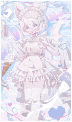 Rule 34 | + +, 1girl, :o, absurdres, animal ears, apron, arms up, bat wings, blue eyes, blush, bow, bowtie, dress, fang, film grain, food, frilled apron, frilled dress, frills, hair bow, heart, highres, holding, ice cream, lace, lace trim, long skirt, maid headdress, milk, milk carton, open mouth, original, pill, pill bottle, pixel heart, ponytail, puffy short sleeves, puffy sleeves, ribbon, sadf8353, short hair, short sleeves, skirt, sleep mask, sleeves past fingers, sleeves past wrists, solo, sparkle, standing, standing on one leg, thighhighs, virtual youtuber, white hair, wings, zettai ryouiki