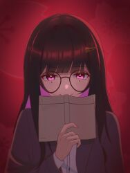 Rule 34 | 1girl, a0i is, absurdres, black jacket, blazer, book, brown hair, colored inner hair, covering own mouth, glasses, hair ornament, hairclip, highres, holding, holding book, honkai: star rail, honkai (series), jacket, long hair, long sleeves, looking at viewer, multicolored hair, open book, open clothes, open jacket, pink eyes, red background, round eyewear, shirt, sidelocks, simple background, solo, sparkle (honkai: star rail), straight-on, straight hair, upper body, white shirt