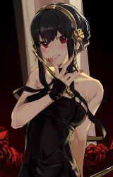 Rule 34 | 1girl, bare shoulders, black dress, black gloves, black hair, blood, blood on face, bloody weapon, blush, braid, breasts, byaul, dagger, dress, dual wielding, earrings, fingerless gloves, flower, gloves, hairband, highres, holding, holding weapon, jewelry, knife, looking at viewer, off-shoulder dress, off shoulder, red eyes, red flower, red rose, rose, sidelocks, smile, solo, spy x family, strap slip, weapon, yor briar