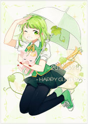 1girl ahoge animal arin_(fanfan013) black_pantyhose collared_shirt commentary_request crown dated english_text full_body green_eyes green_footwear green_hair green_skirt green_vest grin gumi holding holding_animal holding_umbrella jumping miniskirt neck_ribbon one_eye_closed pantyhose pig plant pleated_skirt ribbon salute shirt shoes short_hair_with_long_locks short_sleeves sideways_glance skirt smile solo umbrella vest vines vocaloid white_shirt yellow_ribbon