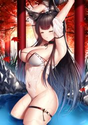 Rule 34 | 1girl, amagi (azur lane), amagi (wending waters serene lotus) (azur lane), animal ears, arched back, armpits, arms up, autumn, autumn leaves, azur lane, bare shoulders, bikini, black hair, bottomless, breasts, bucket, choker, cleavage, closed eyes, fox ears, groin, hair ornament, highres, holding, large breasts, long hair, makeup, navel, no panties, outdoors, parted lips, pouring, pouring onto self, purple eyes, see-through, skindentation, solo, stomach, swimsuit, thigh strap, thighs, upper body, very long hair, wading, water, wet, white bikini, wooden bucket, wsman