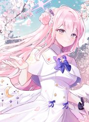 Rule 34 | 1girl, angel wings, black scrunchie, blue archive, blue bow, blue sky, blunt bangs, blush, bow, capelet, cherry blossoms, closed mouth, commentary, cowboy shot, crescent, day, dress, floating hair, flower, hair bun, hair flower, hair ornament, hand up, happy, highres, long hair, looking at viewer, low wings, mika (blue archive), outdoors, papu (papu1006), pink flower, pink hair, purple flower, scrunchie, sidelocks, single side bun, sky, smile, solo, sparkle, sparkling eyes, straight hair, symbol-only commentary, tsurime, very long hair, white capelet, white dress, white wings, wind, wings, wrist scrunchie, yellow eyes