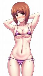 Rule 34 | 1girl, areola slip, armpits, arms behind head, bikini, blush, breasts, brown eyes, brown hair, cameltoe, cleavage, cleft of venus, closed mouth, commentary request, covered erect nipples, cowboy shot, frown, girls und panzer, gluteal fold, groin, head tilt, highres, looking at viewer, micro bikini, muchabou, navel, nishizumi miho, purple bikini, short hair, simple background, skindentation, solo, standing, sweat, swimsuit, white background