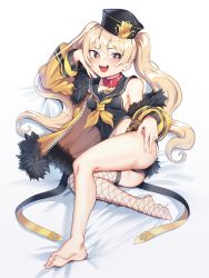 Rule 34 | + +, 1girl, :3, :d, absurdres, ass, azur lane, bache (azur lane), bare shoulders, black sailor collar, blonde hair, blush, breasts, collar, fang, fishnet thighhighs, fishnets, full body, fur-trimmed jacket, fur trim, goback, hair between eyes, hat, highres, jacket, long hair, looking at viewer, micro shorts, no shoes, open mouth, purple eyes, red collar, sailor collar, shorts, single thighhigh, small breasts, smile, solo, thighhighs, yellow jacket
